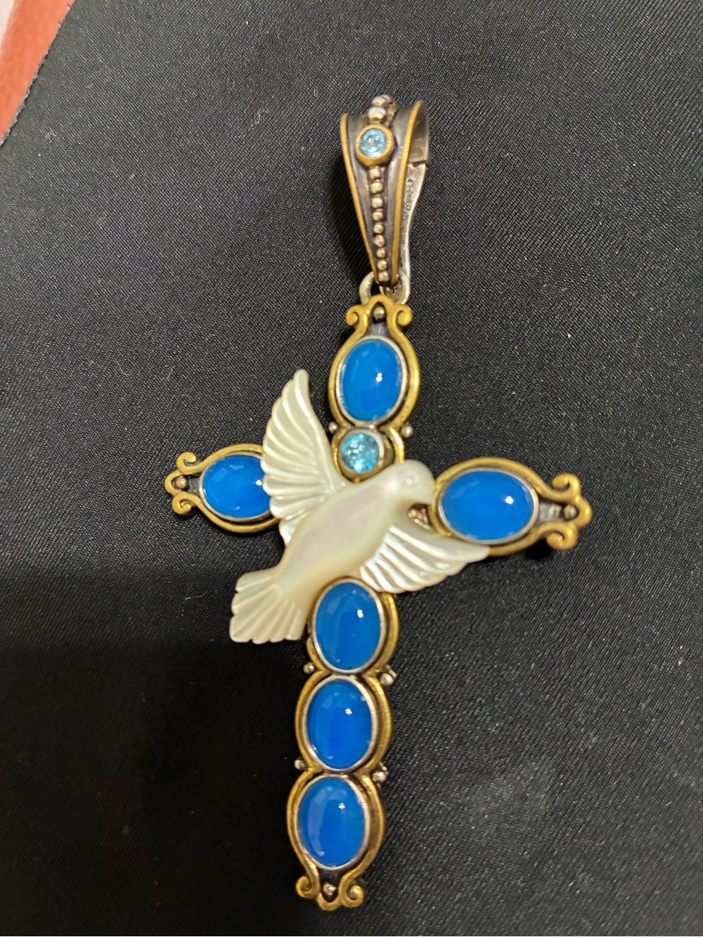 VINTAGE (MOP) Chalcedony, SILVER 935 Dove Cross Pendant Necklace - Women Jewelry